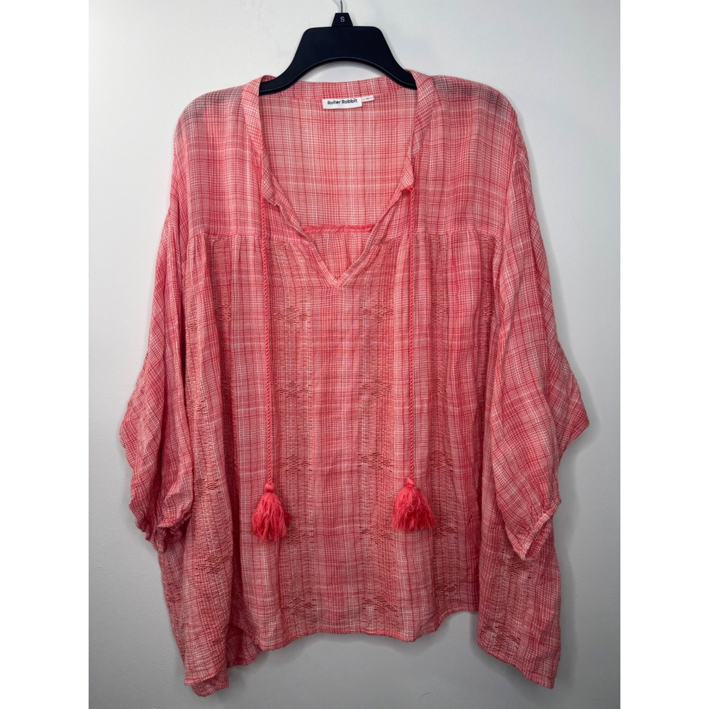 Roller Rabbit Pink Plaid Cotton Gauze Tassel Peasant Blouse XL Boho Top